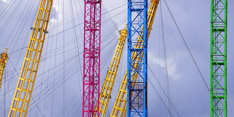 Close-up of coloured masts London O2 Arena